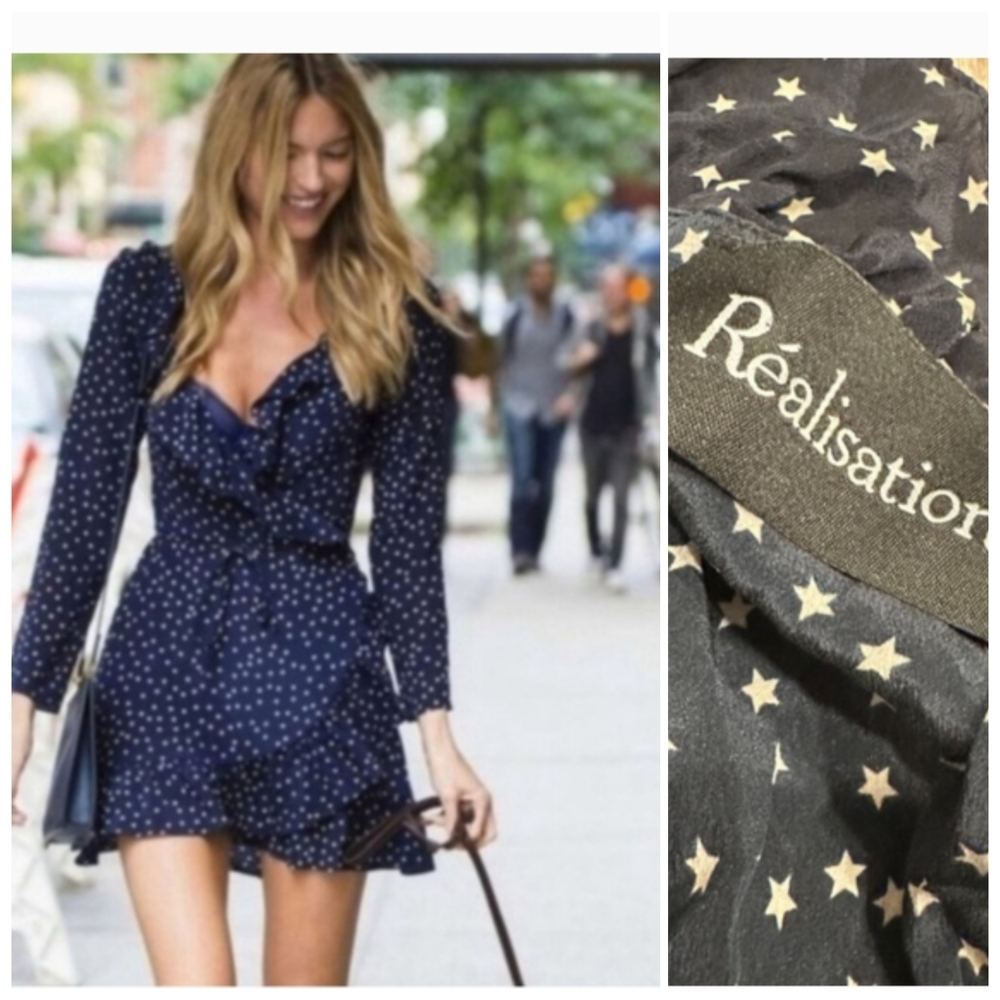 Realisation Par og Alexandra Navy Star Print Long Sleeve Ruffle Wrap Dress Xs